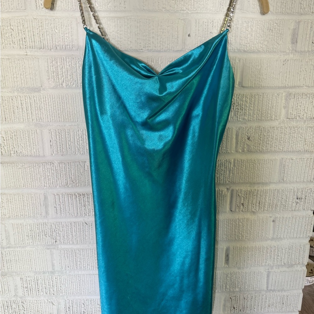 Teal Satin Dress with Rhinestone Straps